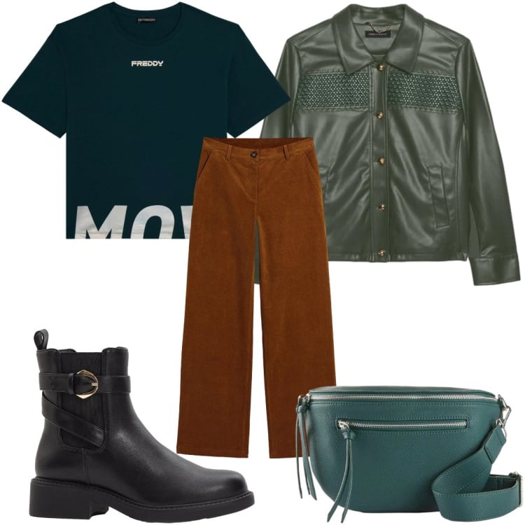Outfit donna - Total look #2498080. Stile Military per Tutti i giorni. Abbinamento con blazer, t-shirt, pantaloni, stivaletti, marsupi.