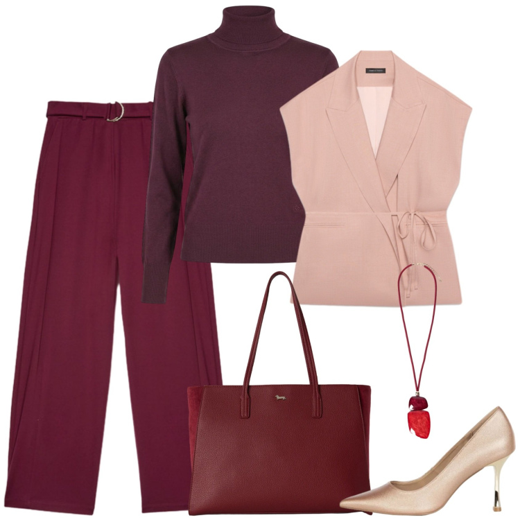 Outfit donna - Bordeaux e rosa. Stile Casual chic per Ufficio. Abbinamento con shopping bag, pantaloni a palazzo, ciondoli, gilet, décolleté, pullovers.