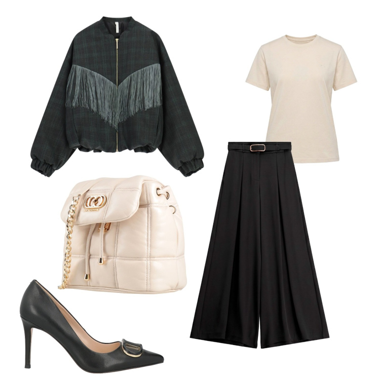 Outfit donna - Urban chic. Stile Casual chic per Tutti i giorni. Abbinamento con t-shirt, bomber, pantaloni a palazzo, décolleté, valigie.