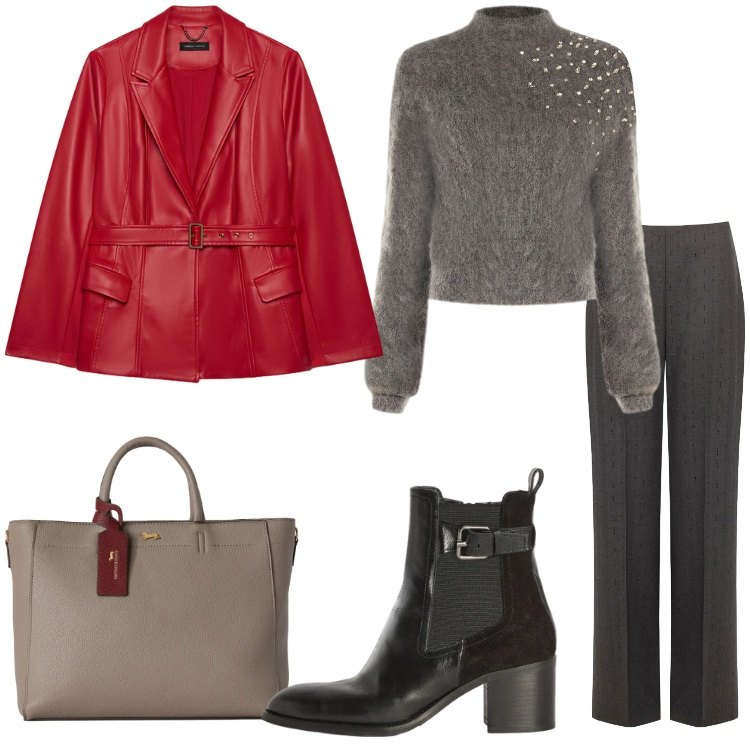 Outfit donna - Pop of red - Focus Donna Curvy. Stile Casual per Serata fuori. Abbinamento con borse a mano, stivaletti, blazer, pantaloni, maglieria.