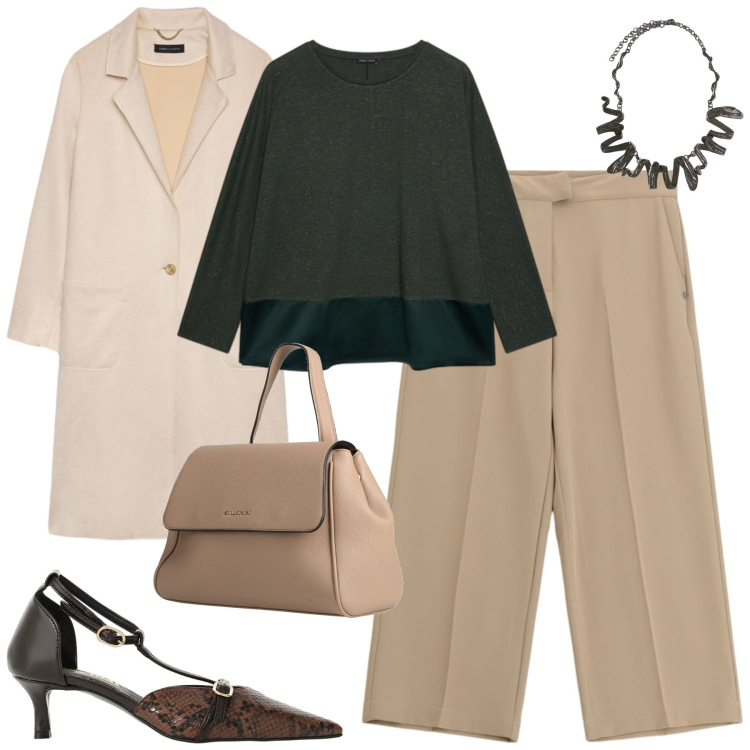 Outfit donna - City. Stile Casual chic per Tutti i giorni. Abbinamento con décolleté, t-shirt, cappotti, ciondoli, pantaloni, zaini.