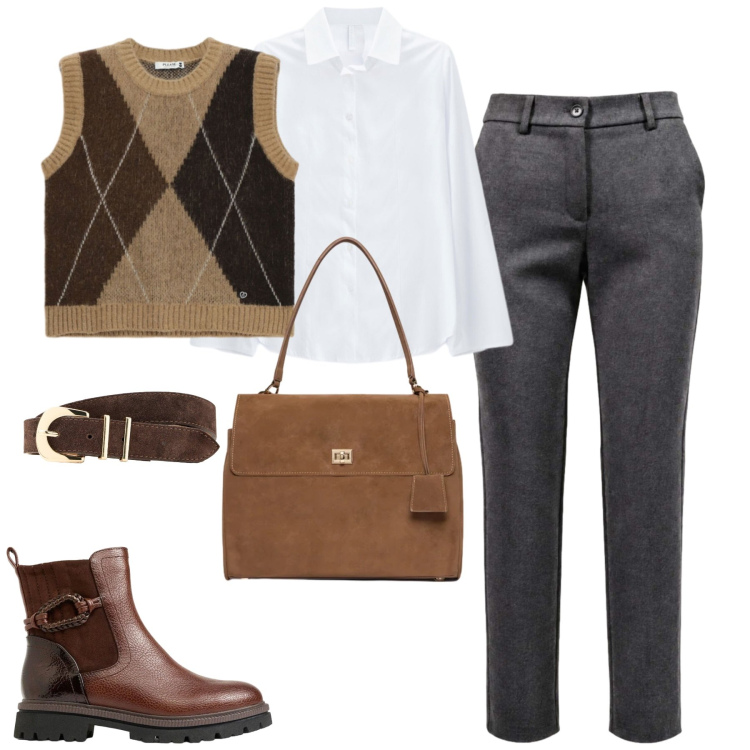 Outfit donna - Ottobre. Stile Casual chic per Tutti i giorni. Abbinamento con pantaloni, camicie, borse a mano, maglieria, stivaletti, cinture.