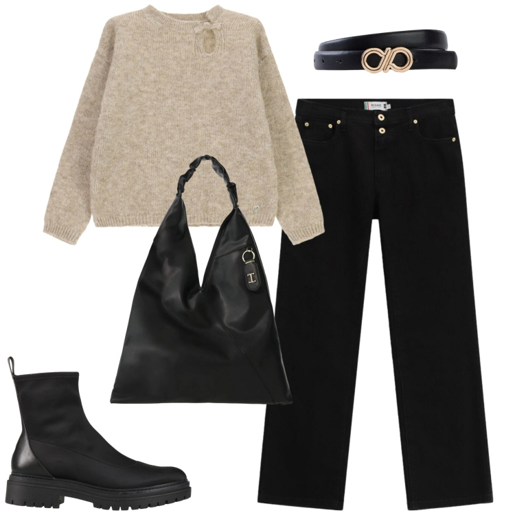 Outfit donna - Ottobre. Stile Casual chic per Tutti i giorni. Abbinamento con borse a spalla, pantaloni, maglieria, stivaletti, cinture.