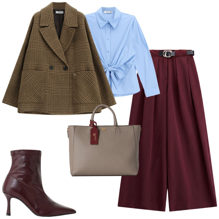 Outfit donna - City. Stile Casual chic per Tutti i giorni. Abbinamento con borse a mano, pantaloni a palazzo, stivaletti, blazer, camicie.