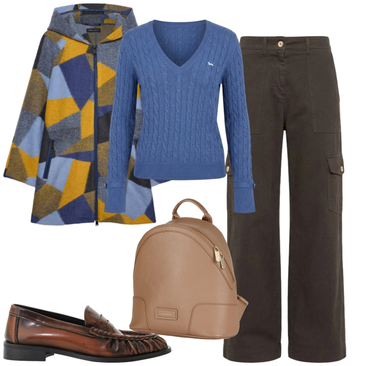Outfit donna - City. Stile Casual chic per Tutti i giorni. Abbinamento con pantaloni cargo, maglieria, mocassini, cappotti, zaini.