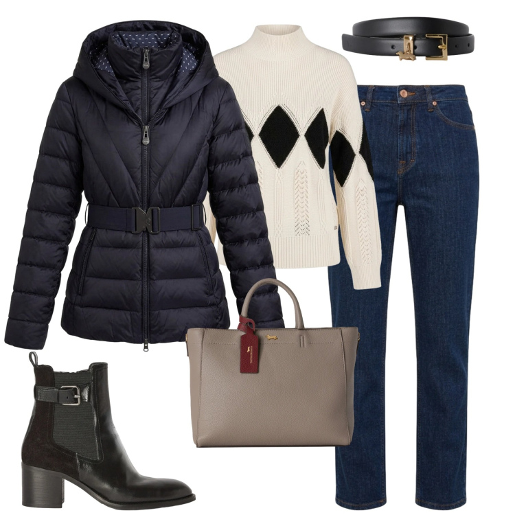 Outfit donna - Harmont Blaine. Stile Casual chic per Tutti i giorni. Abbinamento con piumini, jeans, pullovers, borse a mano, stivaletti, cinture.