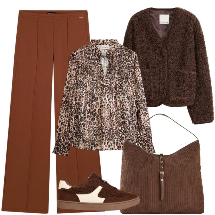 Outfit donna - Passeggiata autunnale. Stile Casual chic per Tutti i giorni. Abbinamento con pantaloni, bluse, blazer, sneakers, shopping bag.