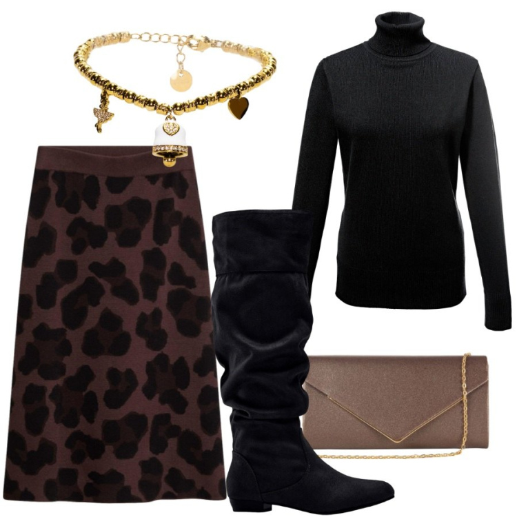 Outfit donna - Aperitivo con le amiche. Stile Sporty chic per Serata fuori. Abbinamento con braccialetti, clutch, maglieria, stivali, gonne.