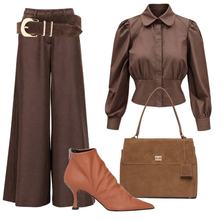 Outfit donna - Fascino divino. Stile Chic per Serata fuori. Abbinamento con pantaloni a palazzo, camicie, borse a mano, stivaletti, cinture.