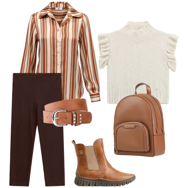 Outfit donna - Erica. Stile Trendy per Tutti i giorni. Abbinamento con camicie, pantaloni skinny, maglieria, zaini, cinture, stivaletti.