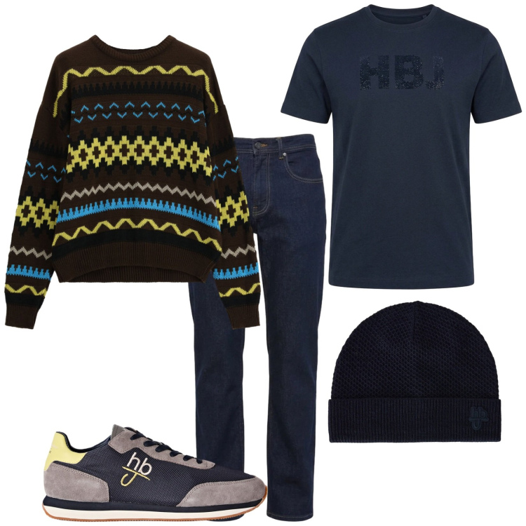 Outfit uomo - Tu. Stile Casual per Tutti i giorni. Abbinamento con sneakers, berretti, jeans, t-shirt, maglieria.
