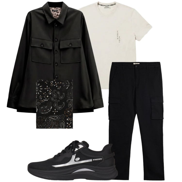 Outfit uomo - Ehi andiamo. Stile Trendy per Tutti i giorni. Abbinamento con cappotti, sciarpe e foulard, sneakers, t-shirt, pantaloni cargo.