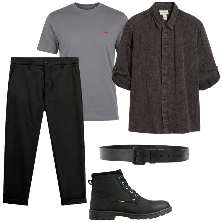 Outfit uomo - Eddie. Stile Casual per Tutti i giorni. Abbinamento con t-shirt, cinture, pantaloni, camicie, stivali e stivaletti.