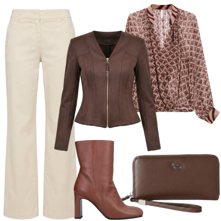 Outfit donna - Una pausa caffé. Stile Sporty chic per Serata fuori. Abbinamento con portafogli, pantaloni, bluse, blazer, stivaletti.