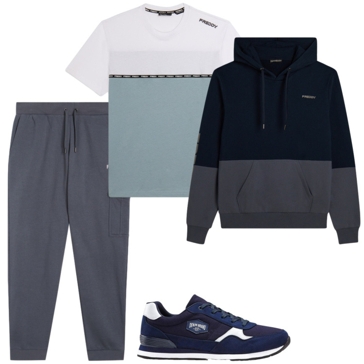 Outfit uomo - Sport. Stile Casual per Sport. Abbinamento con pantaloni cargo, felpe con cappuccio, t-shirt, sneakers.