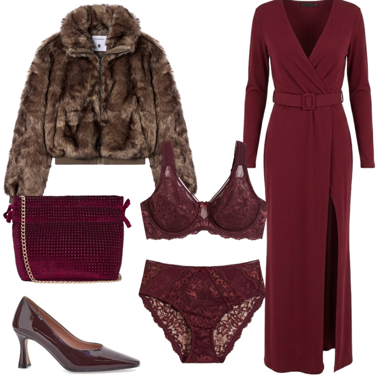 Outfit donna - Total look #2498147. Stile Chic per Serata fuori. Abbinamento con vestiti lunghi, ecopellicce, borse a tracolla, décolleté, culotte, reggiseni.
