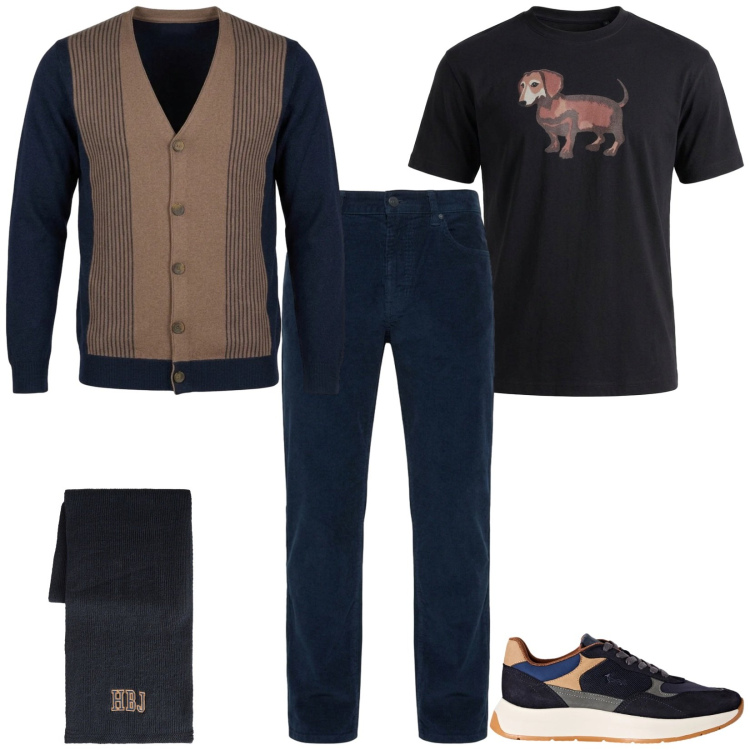 Outfit uomo - Iconic. Stile Trendy per Tutti i giorni. Abbinamento con cardigans, sneakers, pantaloni, sciarpe, t-shirt.