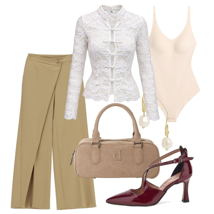Outfit donna - Oroscopo Lo Scorpione - Ciò che non si m. Stile Chic per Tutti i giorni. Abbinamento con top, pantaloni a palazzo, orecchini, borse a mano, body, décolleté.
