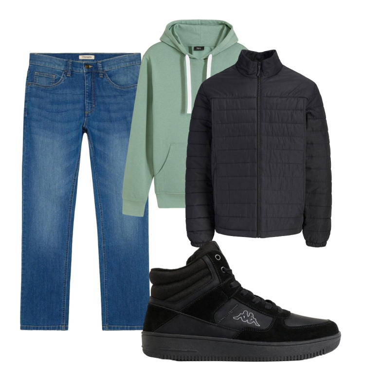Outfit uomo - Total look #2498162. Stile Casual per Tutti i giorni. Abbinamento con sneakers alte, felpe con cappuccio, jeans dritti, giacche.
