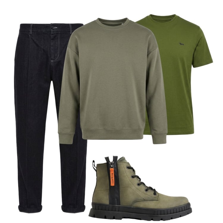 Outfit uomo - Total look #2498167. Stile Casual per Tutti i giorni. Abbinamento con t-shirt, felpe, jeans, stivali e stivaletti.