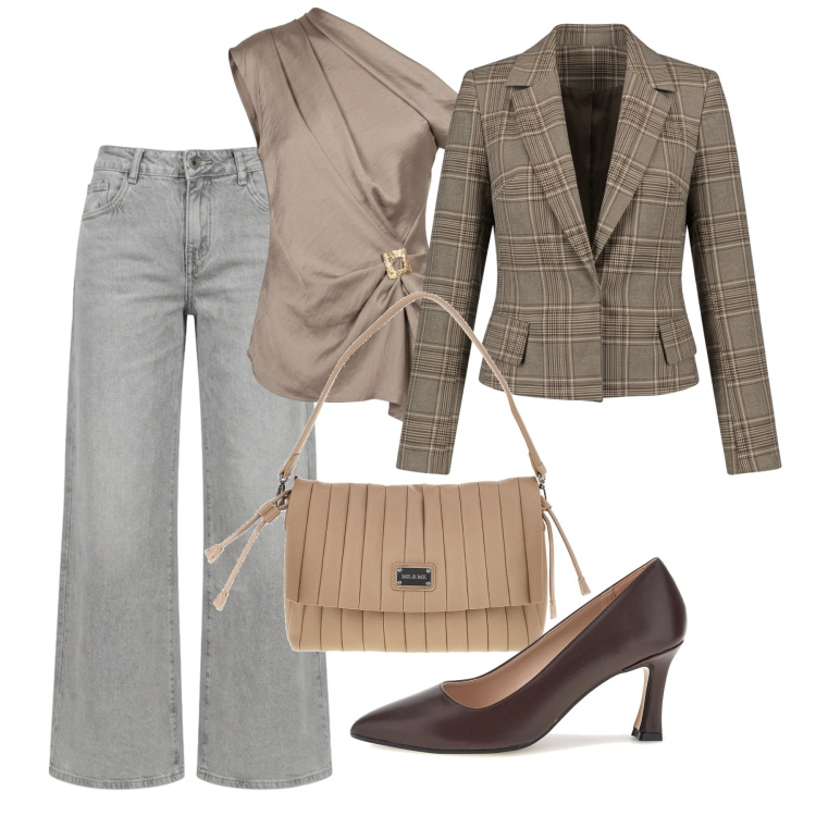 Outfit donna - Oroscopo Lo Scorpione - Ciò che non si m. Stile Chic per Tutti i giorni. Abbinamento con blazer, top, jeans a zampa, pochette, décolleté.