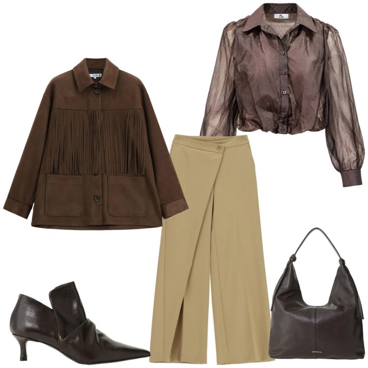 Outfit donna - Total look #2498172. Stile Chic per Ufficio. Abbinamento con camicie, pantaloni a palazzo, borse a spalla, stivaletti, cappotti.