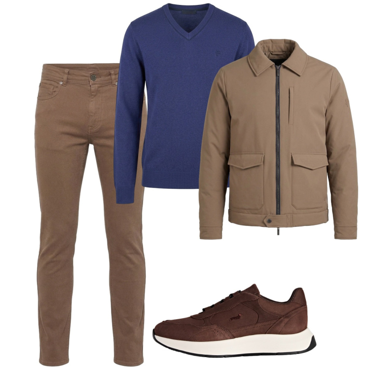 Outfit uomo - Sfumature di navy e cammello. Stile Casual per Tutti i giorni. Abbinamento con sneakers, pantaloni, giacche, maglieria.