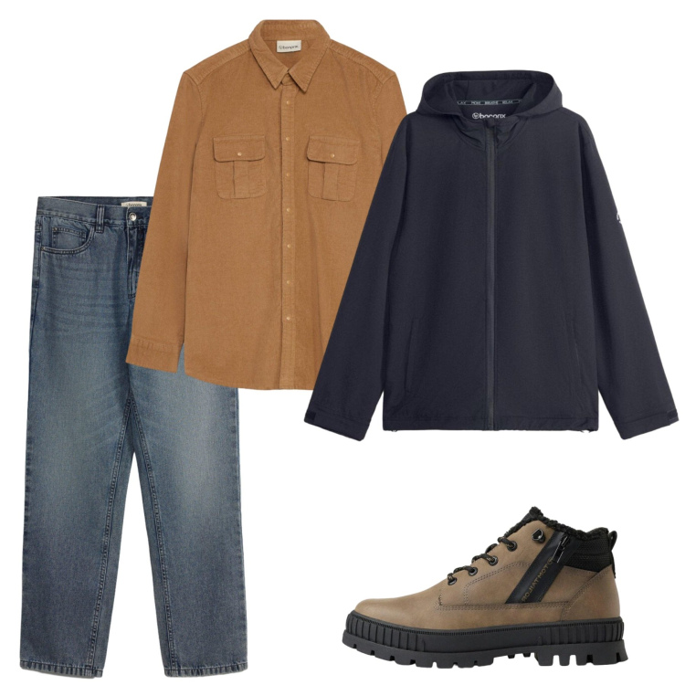 Outfit uomo - Sfumature di navy e cammello. Stile Casual per Tutti i giorni. Abbinamento con giacche, jeans dritti, stivali e stivaletti, camicie.