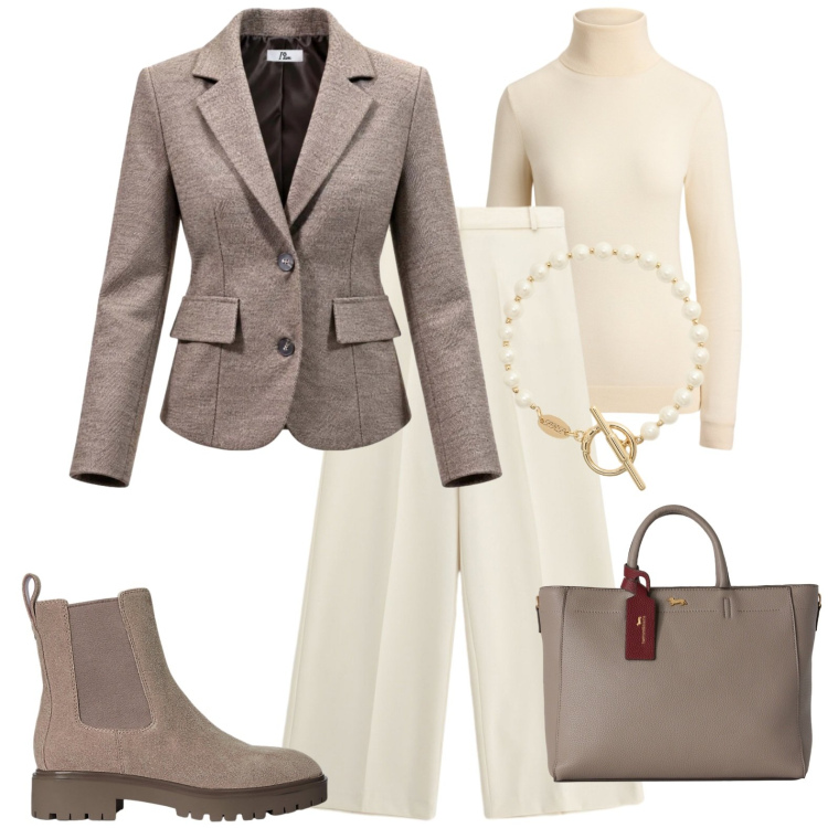 Outfit donna - Scorpione. Stile Casual chic per Tutti i giorni. Abbinamento con blazer, borse a mano, pantaloni a palazzo, stivaletti, pullovers, braccialetti.