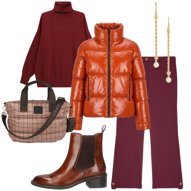 Outfit donna - Scorpione. Stile Casual per Tutti i giorni. Abbinamento con pantaloni, orecchini, pullovers, piumini, borse tote, stivaletti chelsea.