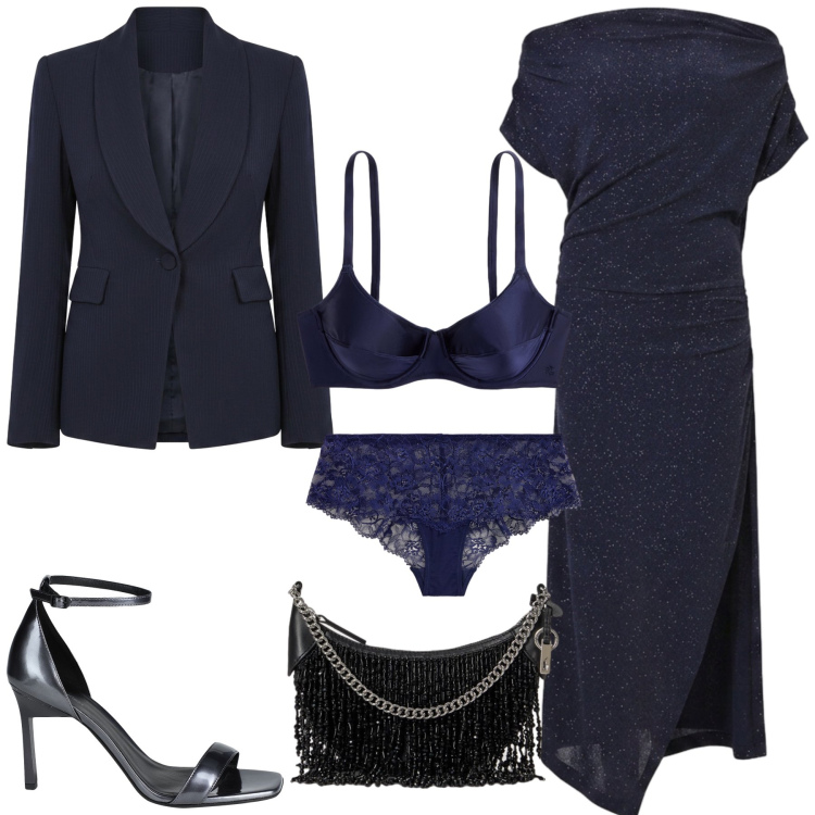 Outfit donna - Total look #2498204. Stile Chic per Serata fuori. Abbinamento con borse a spalla, culotte, reggiseni, vestiti lunghi, blazer, sandali in pelle.