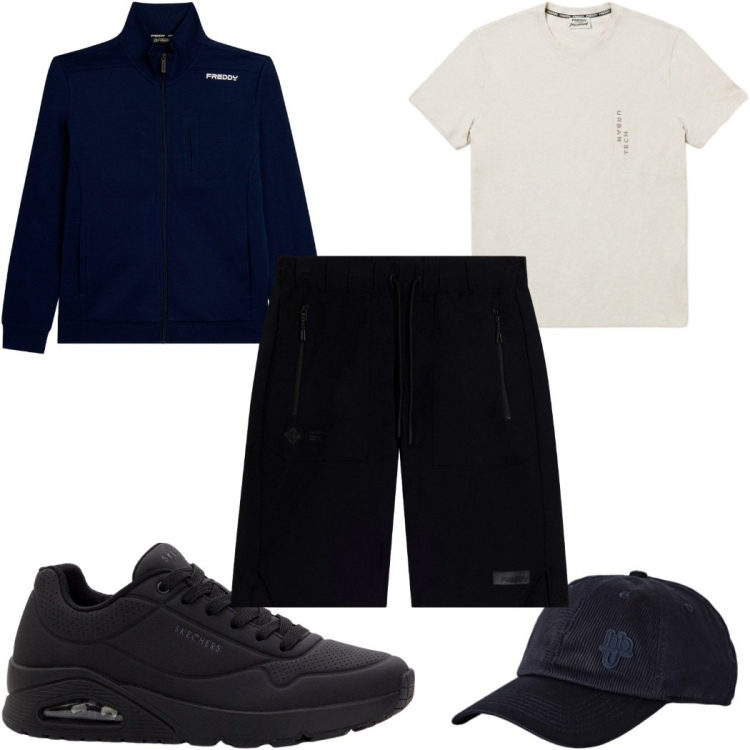 Outfit uomo - Total look #2498208. Stile Casual per Tutti i giorni. Abbinamento con cappelli con visiera, bermuda, t-shirt, felpe, sneakers.
