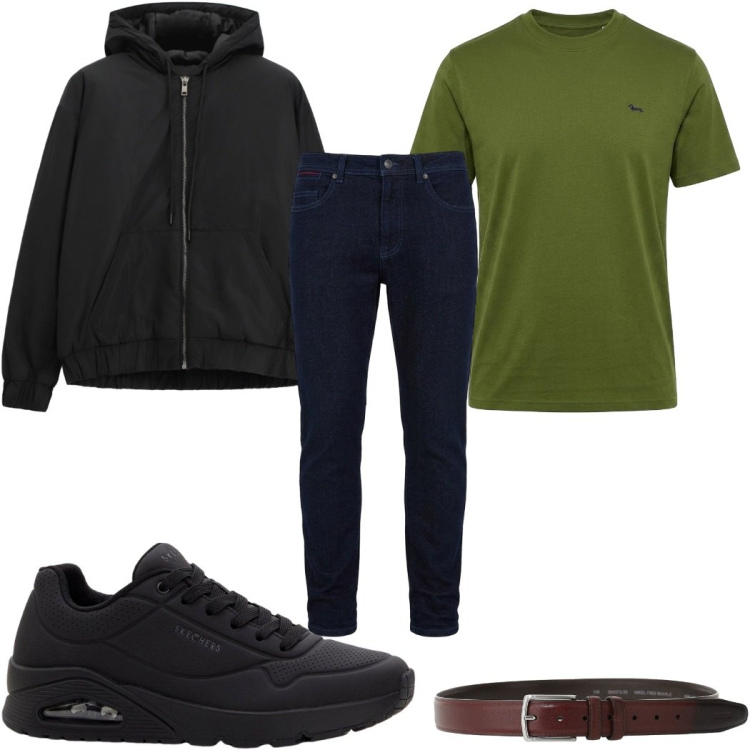 Outfit uomo - Total look #2498209. Stile Casual per Tutti i giorni. Abbinamento con t-shirt, jeans slim fit, bomber, cinture, sneakers.
