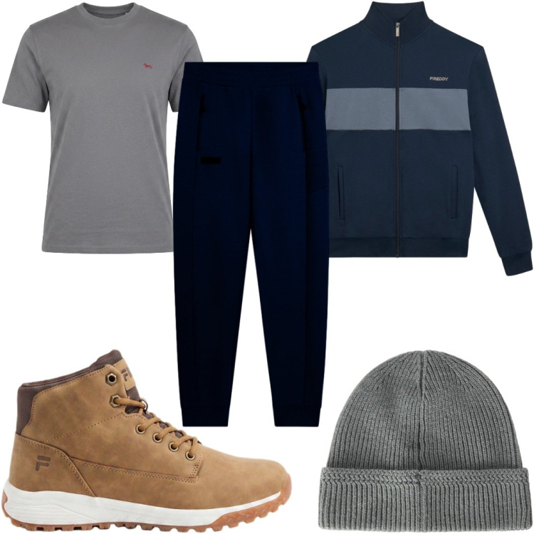 Outfit uomo - Total look #2498216. Stile Casual per Tutti i giorni. Abbinamento con t-shirt, berretti, felpe, pantaloni, sneakers alte.