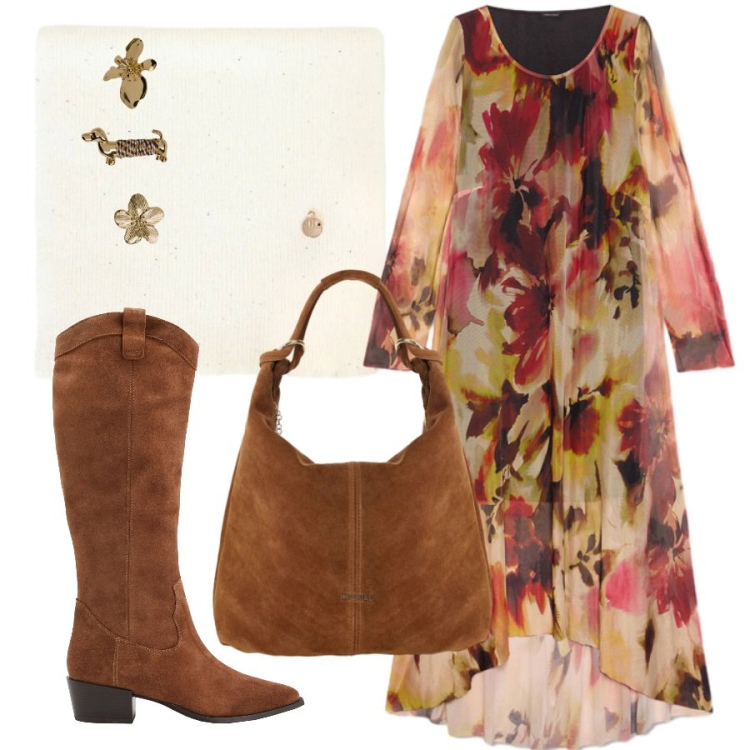 Outfit donna - Accessori scamosciati e abito a fiori. Stile Vintage retrò per Cerimonia. Abbinamento con borse a spalla, vestiti lunghi, portachiavi, sciarpe, stivali.