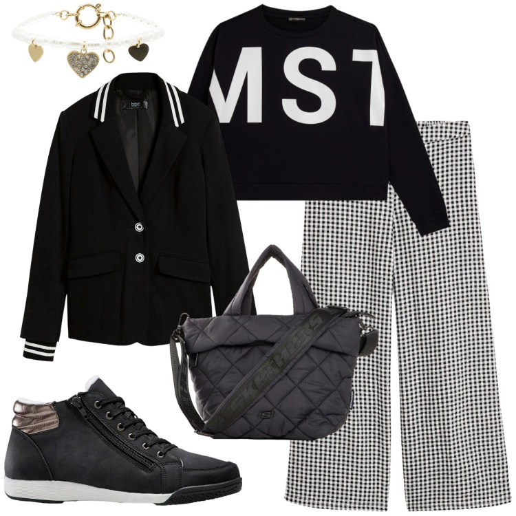 Outfit donna - Sporty chic. Stile Sporty chic per Tutti i giorni. Abbinamento con braccialetti, felpe, blazer, sneakers alte, borse a tracolla, pantaloni.