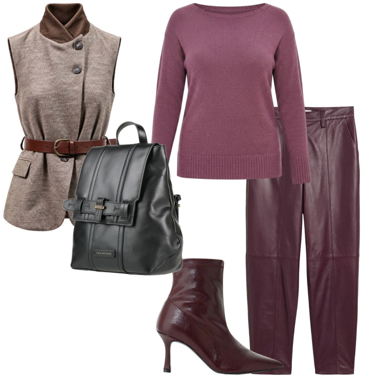 Outfit donna - Sabato mattina. per Tutti i giorni. Abbinamento con gilet, stivaletti, maglieria, zaini, pantaloni.