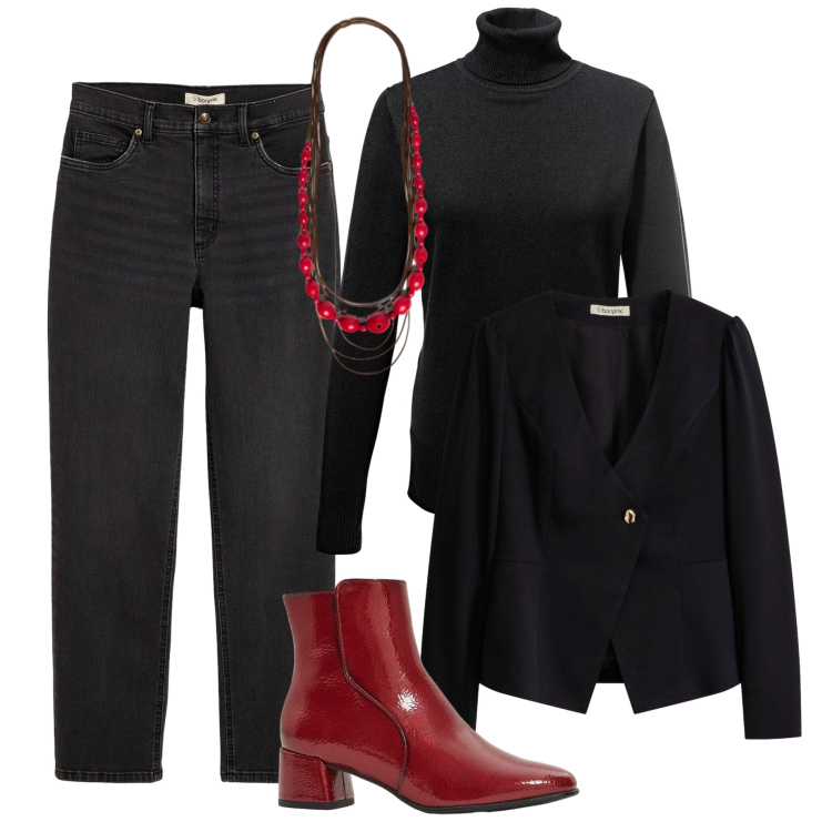 Outfit donna - Quel tocco di rosso.... Stile Basic per Tutti i giorni. Abbinamento con collane, blazer, maglieria, jeans dritti, stivaletti.
