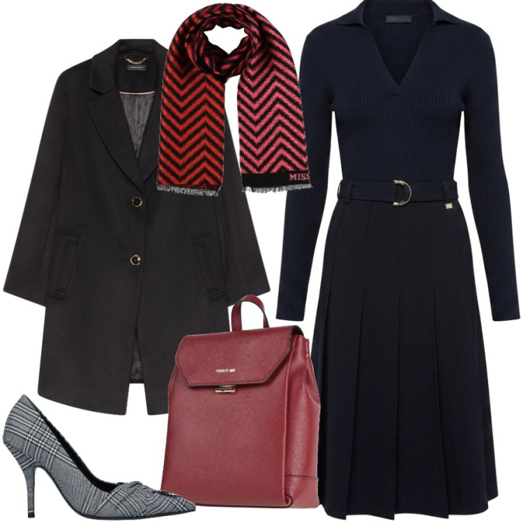 Outfit donna - In ufficio. Stile Chic per Ufficio. Abbinamento con vestiti midi/longuette, cappotti, zaini, décolleté, sciarpe.