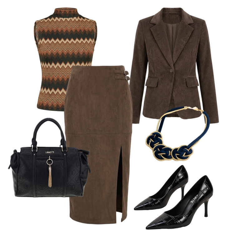 Outfit donna - Rigore “accattivante” in ufficio. Stile Glamour per Ufficio. Abbinamento con blazer, top, collane, gonne longuette, décolleté, borse a mano.