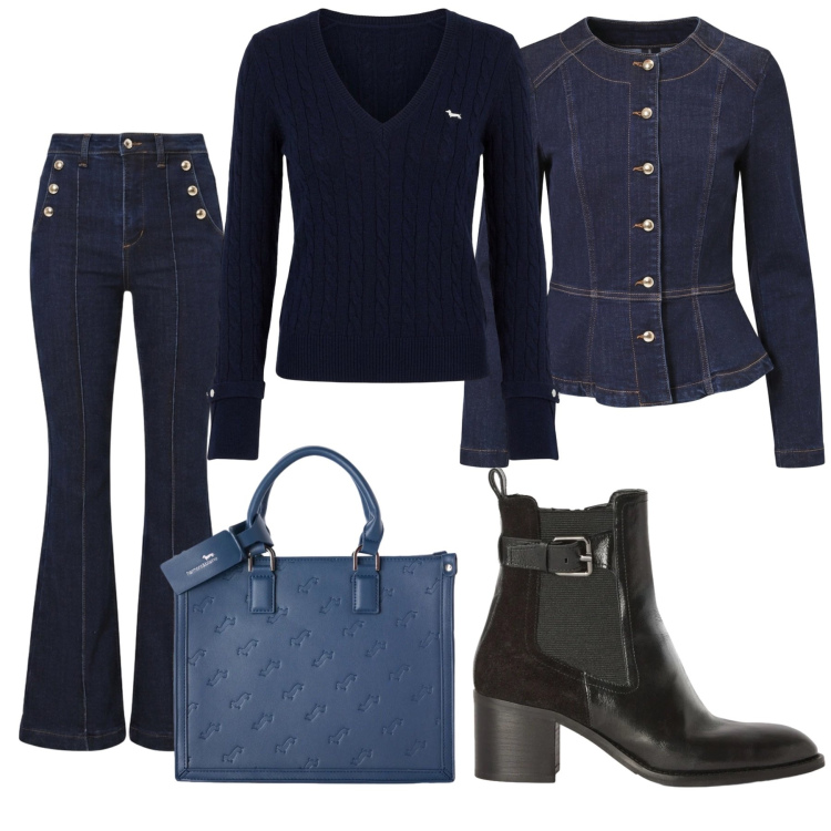 Outfit donna - Total look #2498269. per Ufficio. Abbinamento con borse a mano, maglieria, stivaletti, jeans a zampa, blazer.