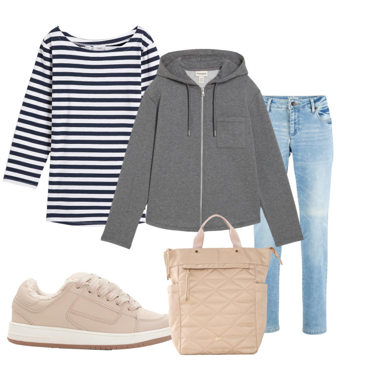 Outfit donna - Total look #2498272. Stile Casual Abbinamento con maglieria, jeans dritti, sneakers, felpe con cappuccio, zaini.