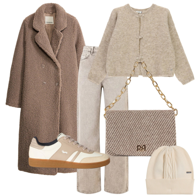 Outfit donna - Autumn outfit. Stile Chic per Tutti i giorni. Abbinamento con sneakers, berretti, cardigans, jeans dritti, borse a spalla, cappotti.
