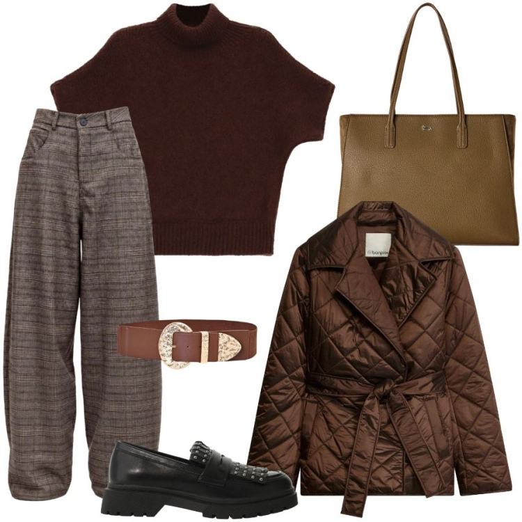 Outfit donna - Pomeriggio di shopping. Stile Urban per Tutti i giorni. Abbinamento con pantaloni, shopping bag, maglieria, mocassini, cinture, giacche.