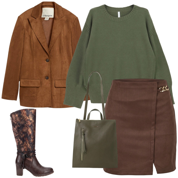 Outfit donna - Idea Autunnale. Stile Casual chic per Tutti i giorni. Abbinamento con borse a tracolla, maglieria, minigonne, blazer, stivali.