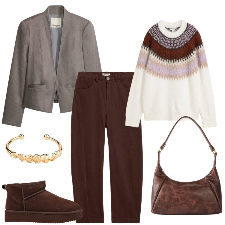 Outfit donna - Fall Outfit. Stile Casual chic per Tutti i giorni. Abbinamento con stivaletti, maglieria, pantaloni, braccialetti, blazer, borse a mano.