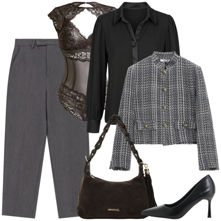 Outfit donna - Segreti. Stile Mannish per Ufficio. Abbinamento con décolleté, borse a spalla, cappotti, pantaloni, camicie, body.