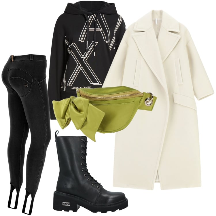 Outfit donna - Marsupio con fiocco. Stile Glamour per Tutti i giorni. Abbinamento con cappotti, jeggings, marsupi, stivaletti, felpe con cappuccio.