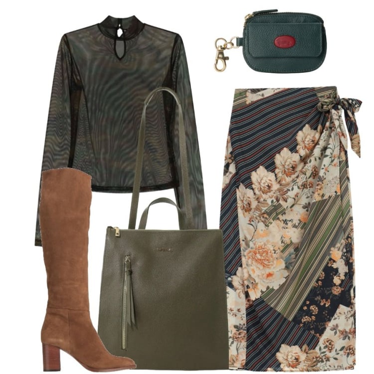 Outfit donna - La gonna a portafoglio. Stile Casual chic per Ufficio. Abbinamento con portamonete, gonne longuette, borse a tracolla, top, stivali.