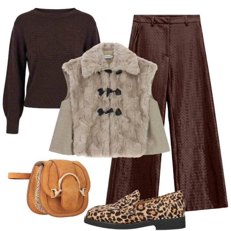 Outfit donna - Passeggiate autunnali. Stile Sporty chic per Tutti i giorni. Abbinamento con pantaloni a palazzo, gilet, maglieria, marsupi, mocassini.